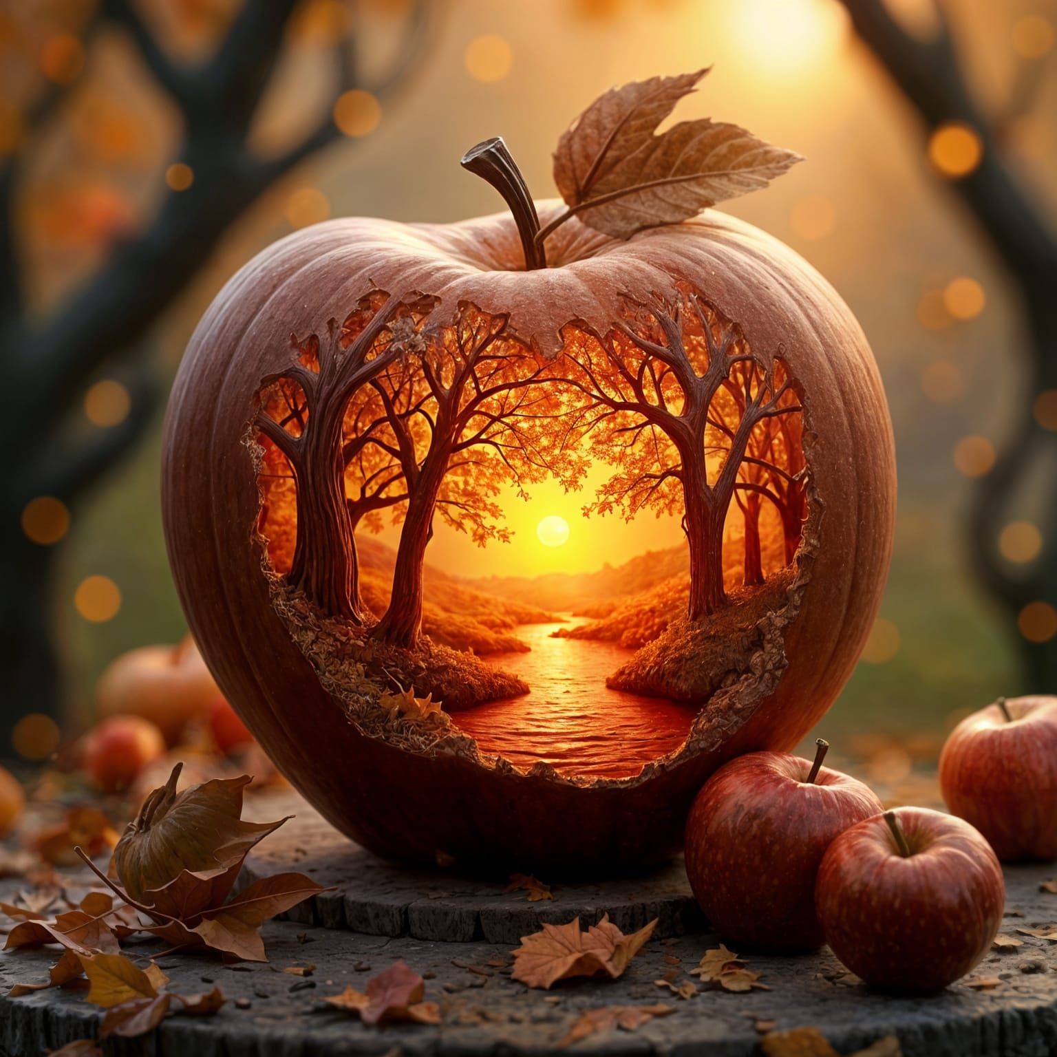 Giant Red Apple with Carved Autumn Landscape