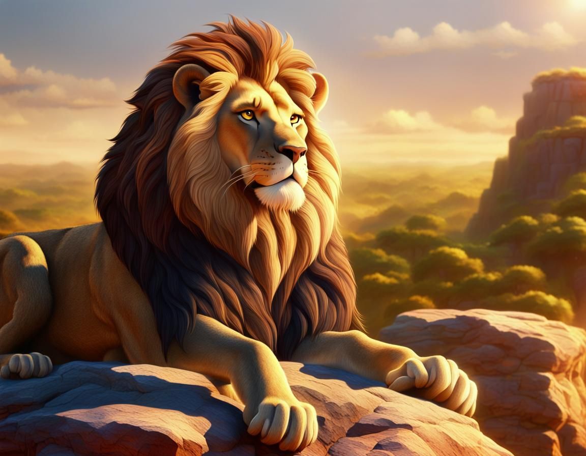 Mufasa on Pride Rock in Disney Animation Style