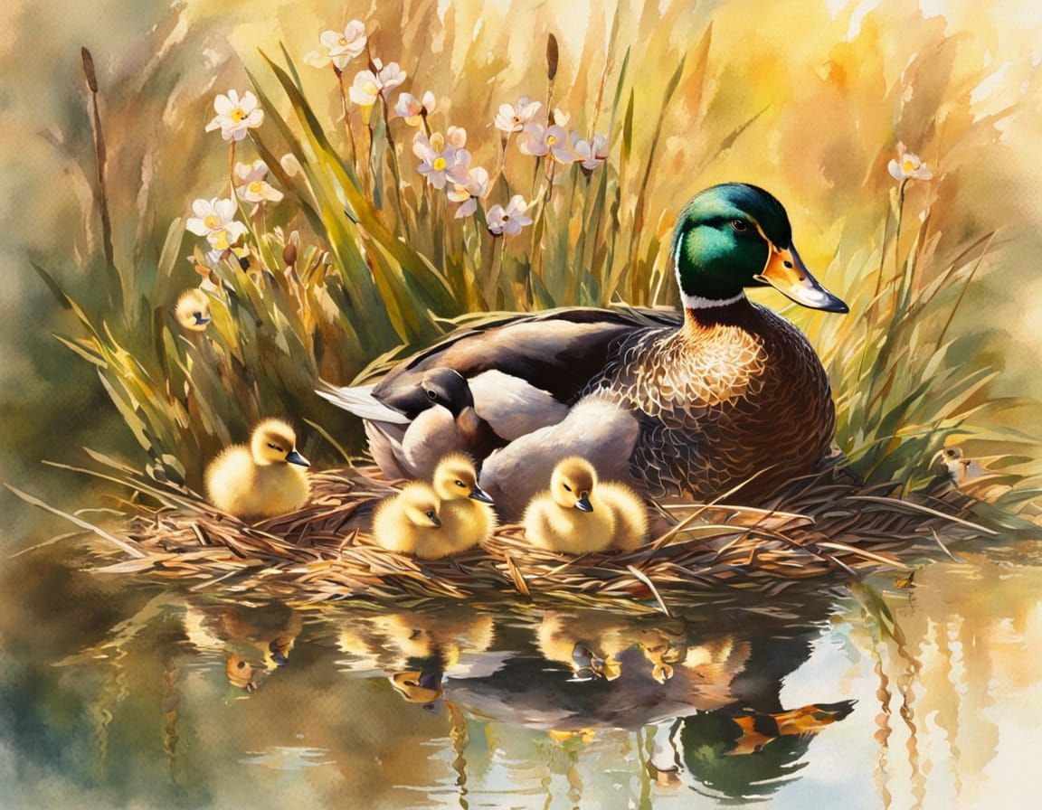 Duck and Ducklings in Sunlight: Watercolour Painting