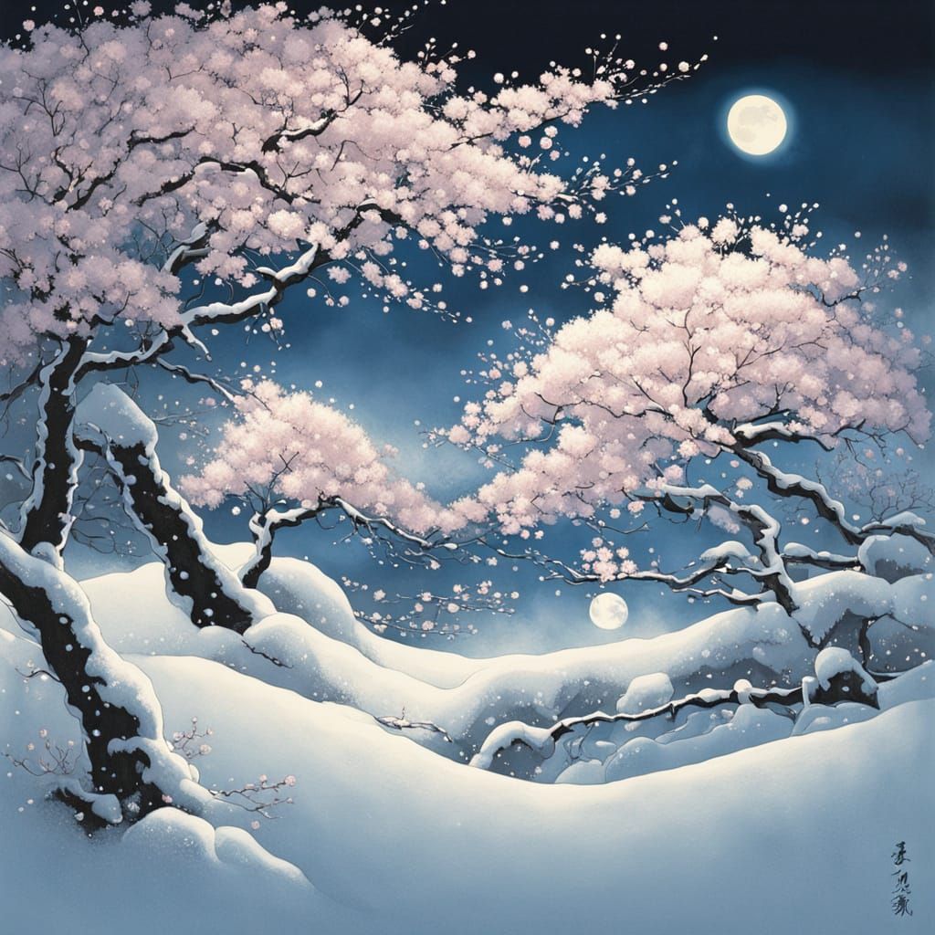 Winter Night Flowers Under Moonlit Sky in Japanese Style