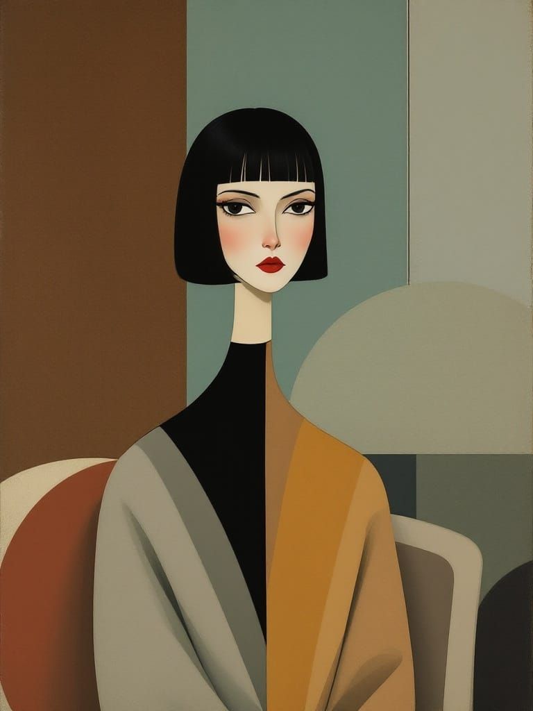 Melancholic Woman: Minimalist Portrait in Art Deco Style