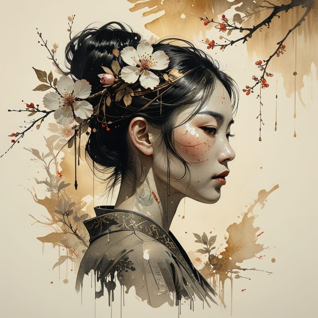 Ethereal Chinese Beauty in Traditional Ink Wash Style