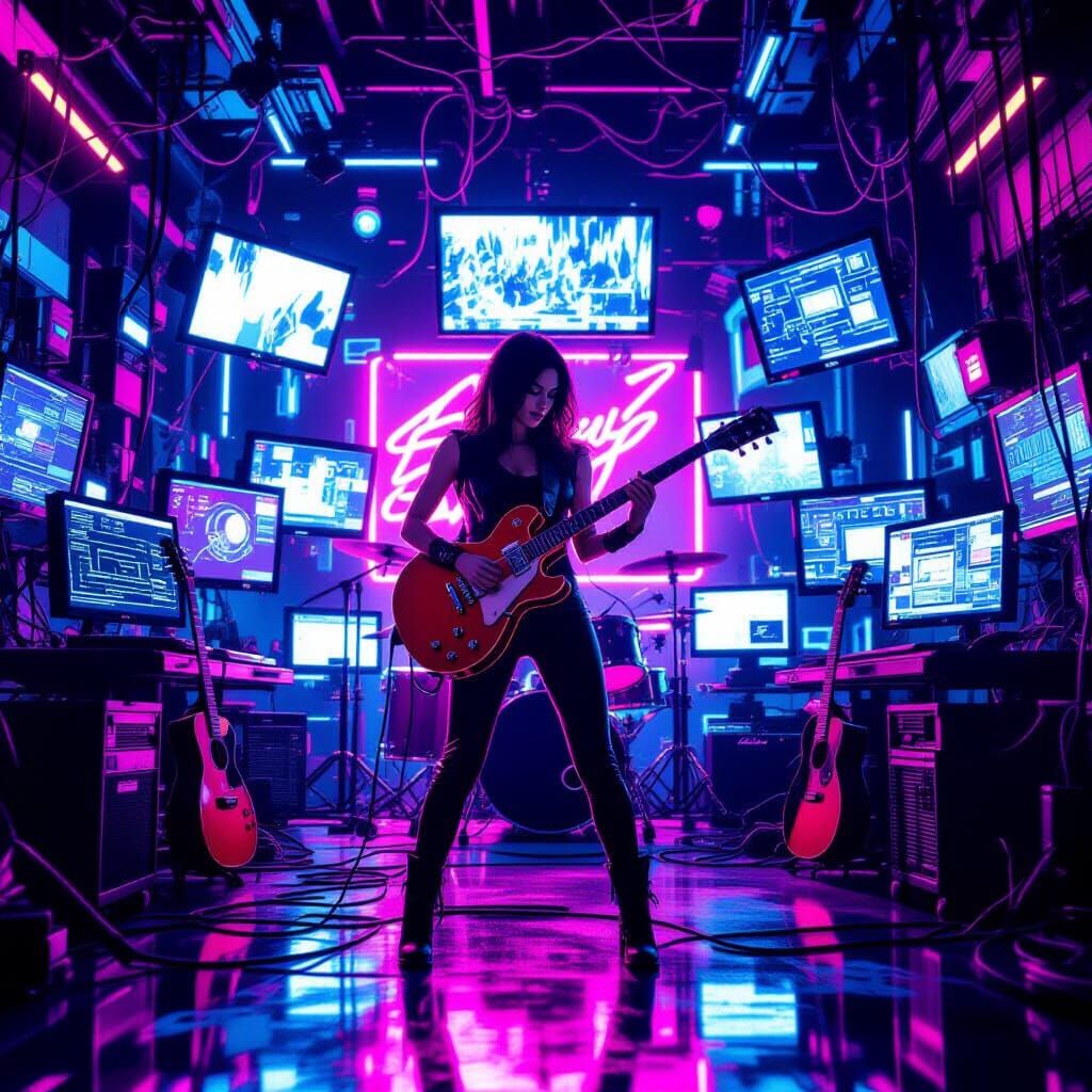 Cyberpunk Guitarist in Neon Studio