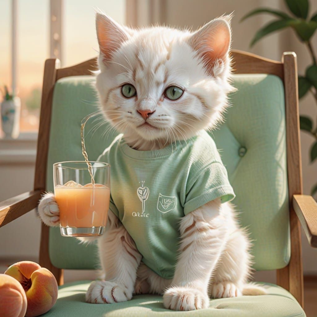 Kitten Sipping Peach Juice: Hyper-Realistic Digital Art