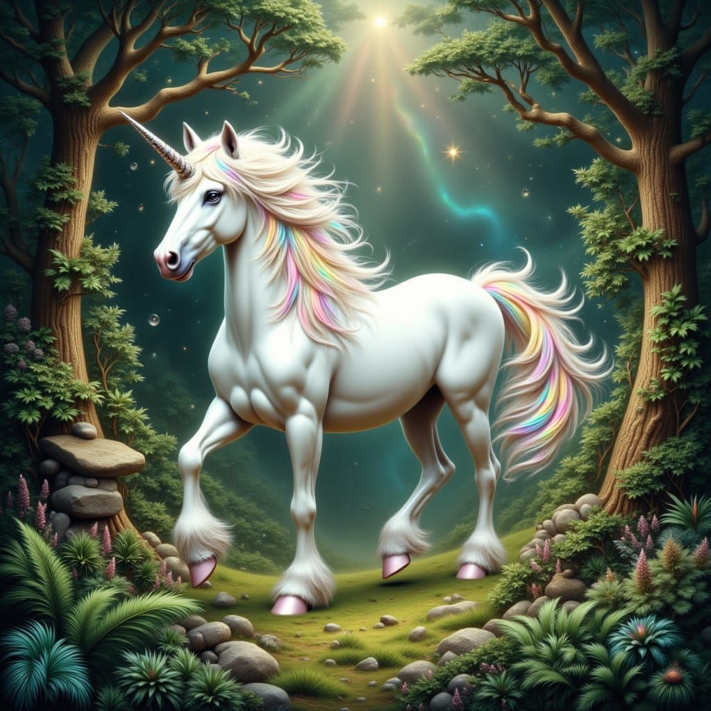 Iridescent White Unicorn in Whimsical Fantasy Forest