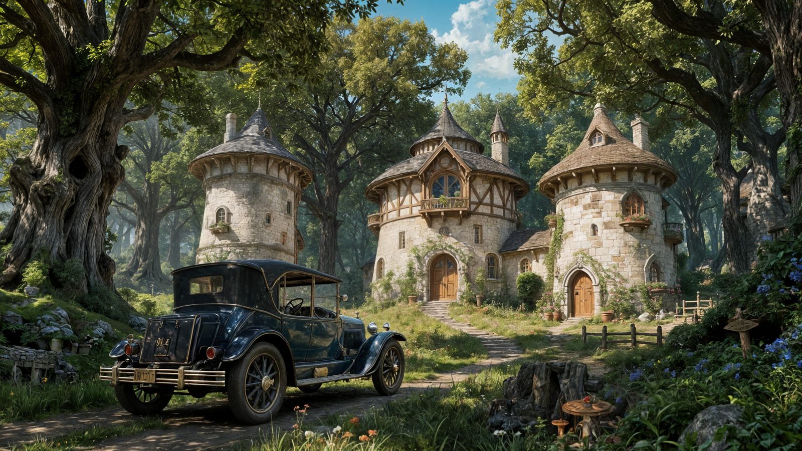 Antique Car Before Elven Cottages in Oak Forest