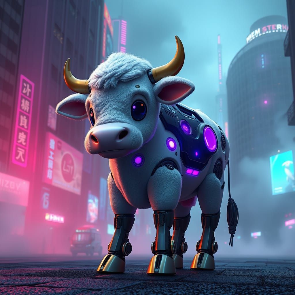 Cybernetic Cow Embodies Whimsical Futurism in Neon Cityscape