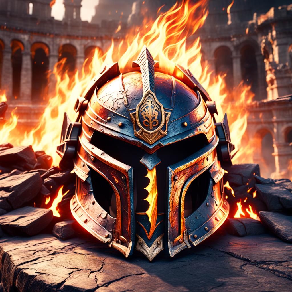Flaming Battle Helmet in Colosseum: Fantasy Concept Art