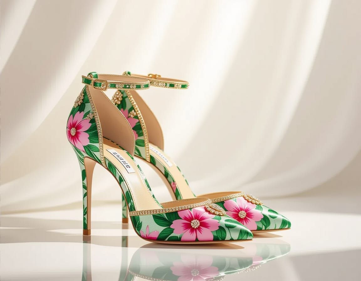 Elegant Floral High Heels with Gold Accents