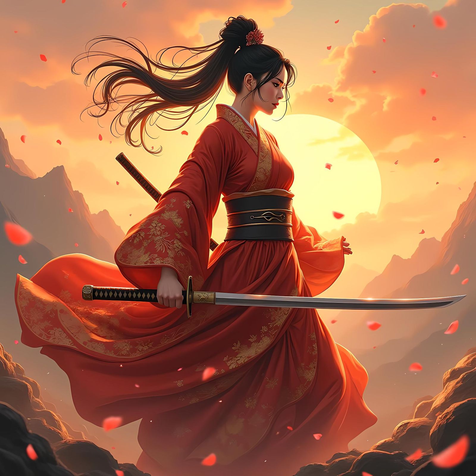 Samurai Swordswoman in Crimson Kimono on Battlefield