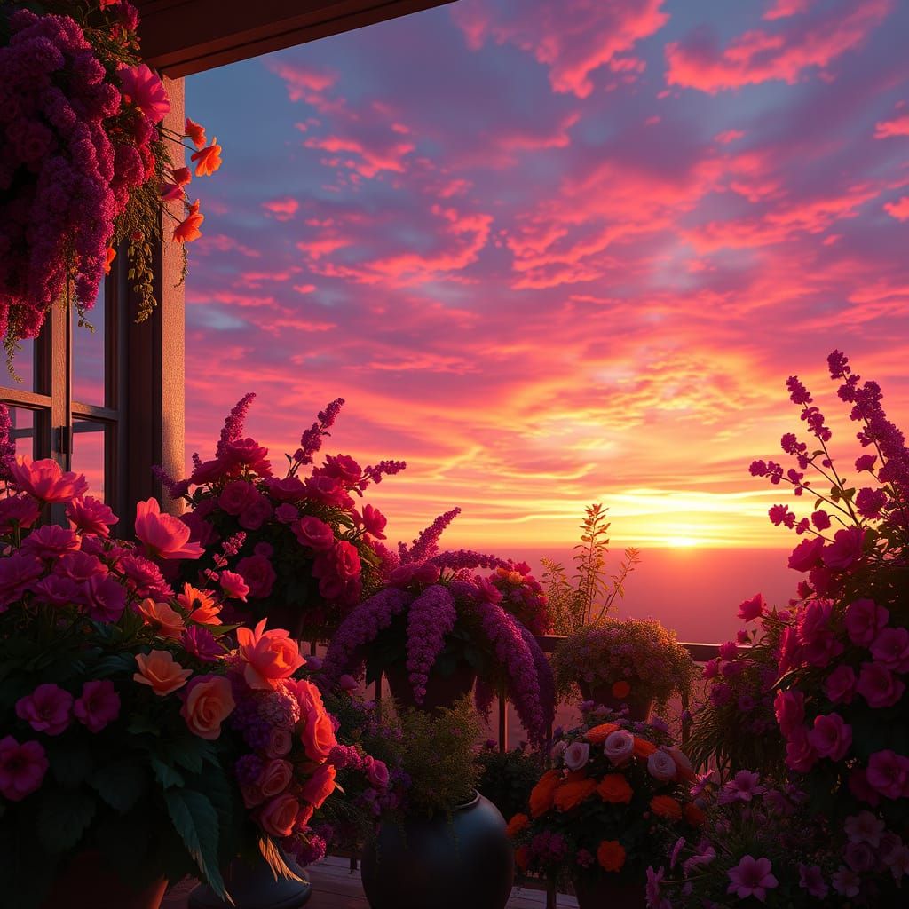 Vibrant Floral Balcony at Sunset, Fantasy Matte Painting