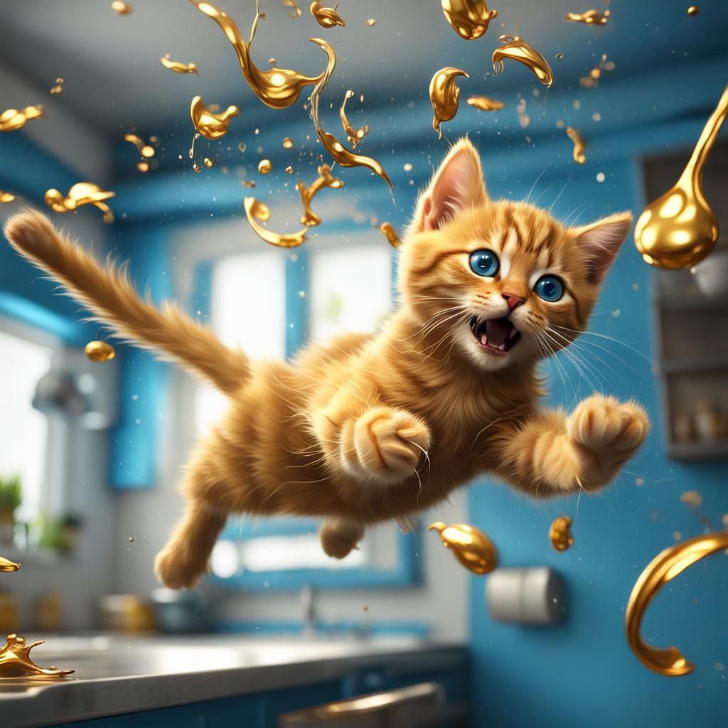 Playful Anti-Gravity Kitten in Kitchen Chaos