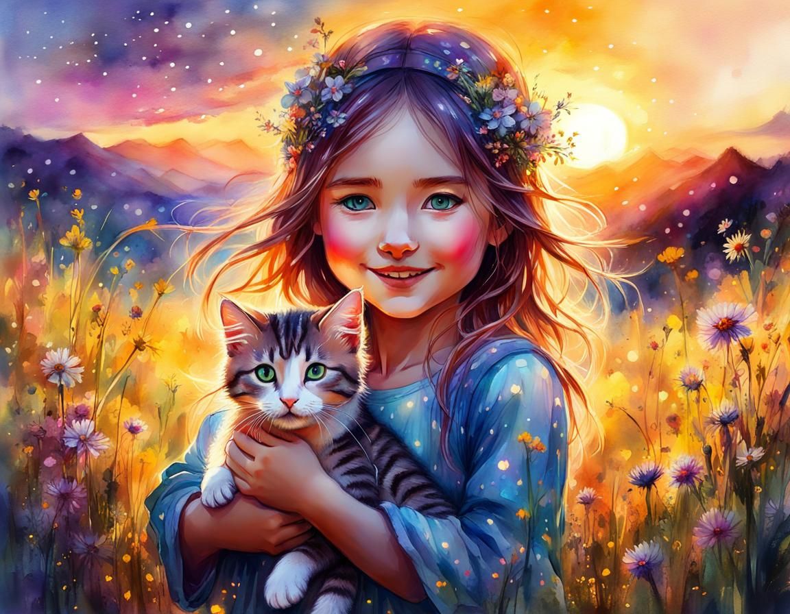 Girl with Kitten in Watercolor Fantasy Landscape