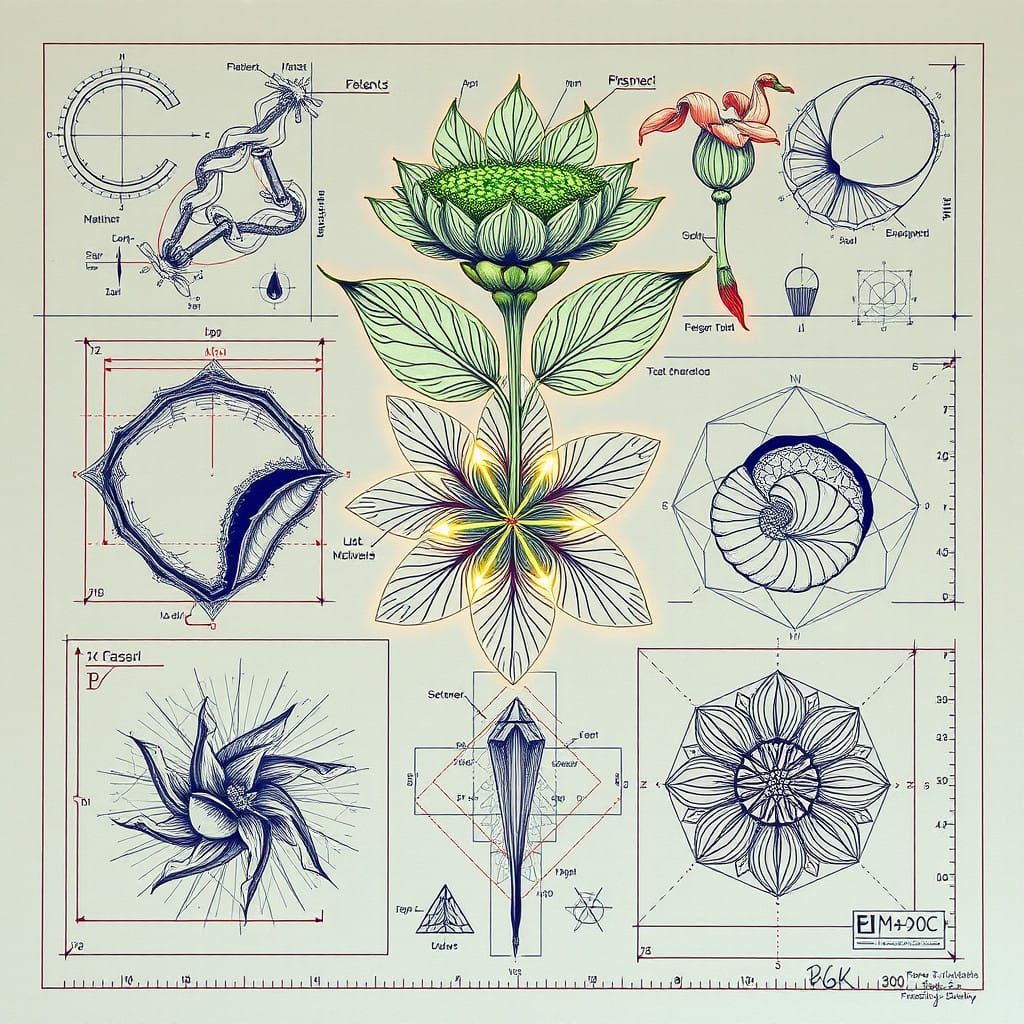 Intricate Floral Blueprints in Cyberpunk Style