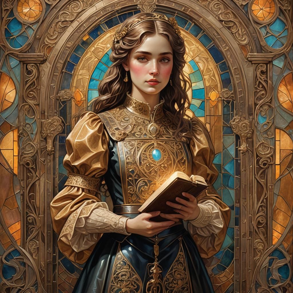 Girl with Illuminated Bible in Art Nouveau Style