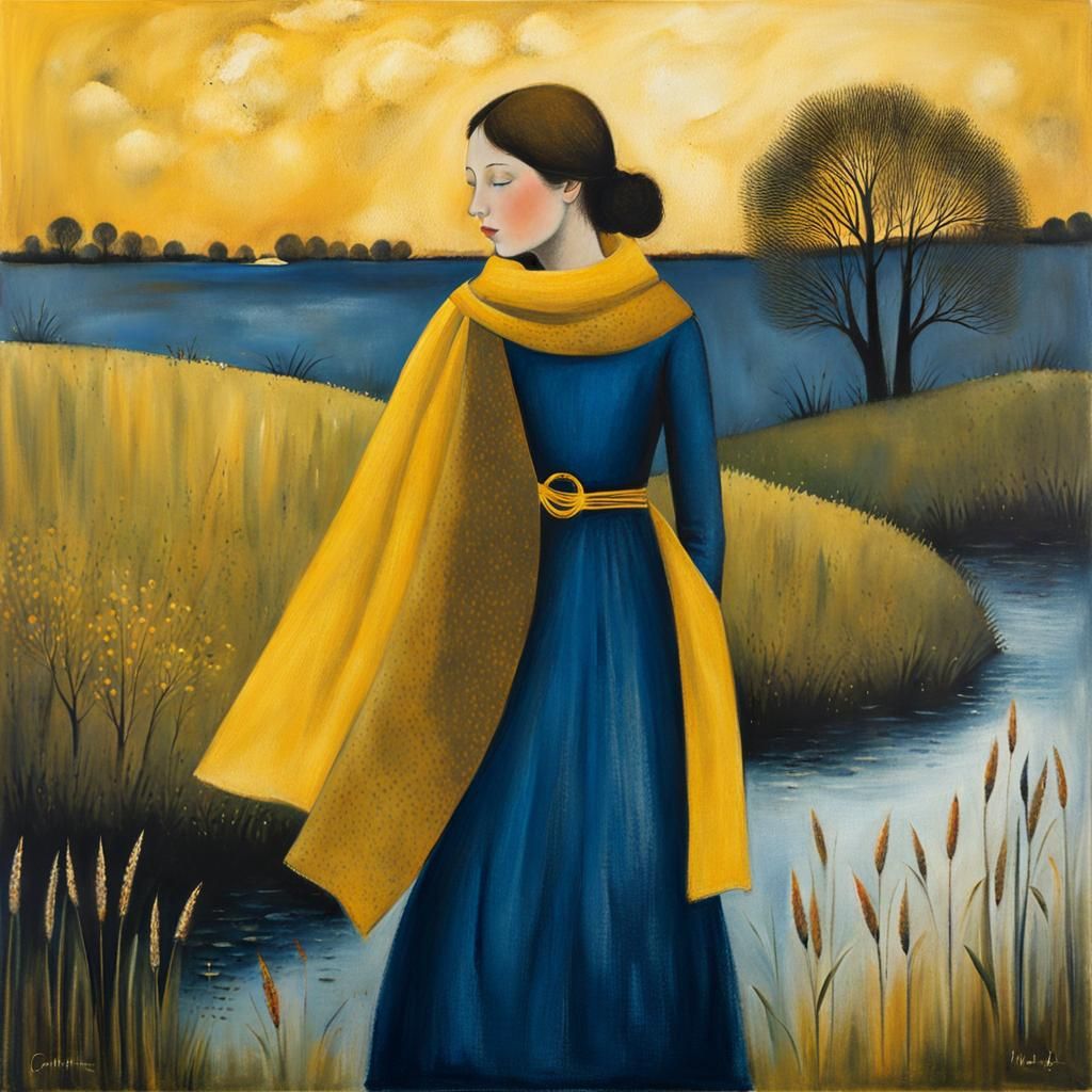 Young Woman at Riverbank in Magical Realism Style
