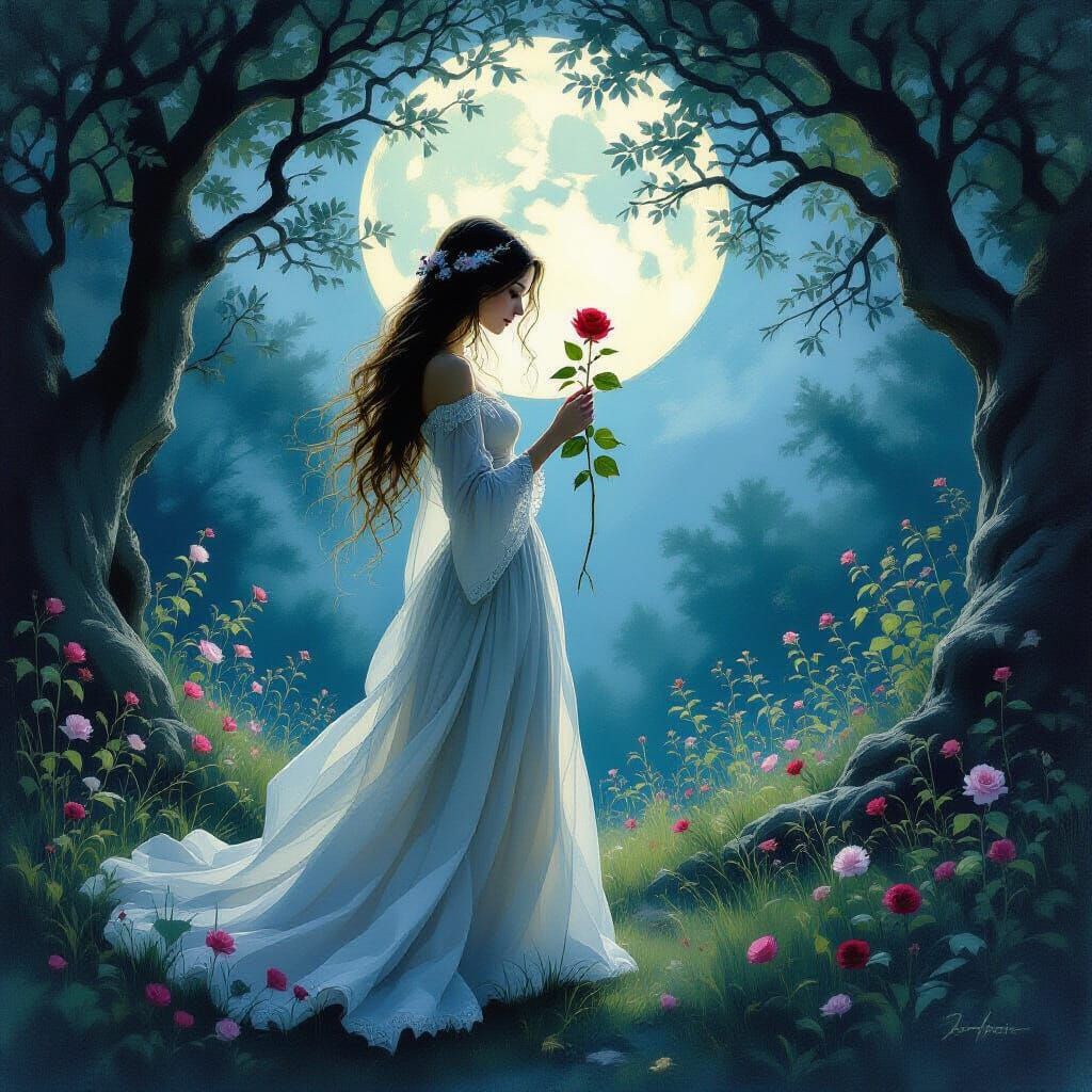 Witch with Rose in Moonlit Glade, Pre-Raphaelite Style