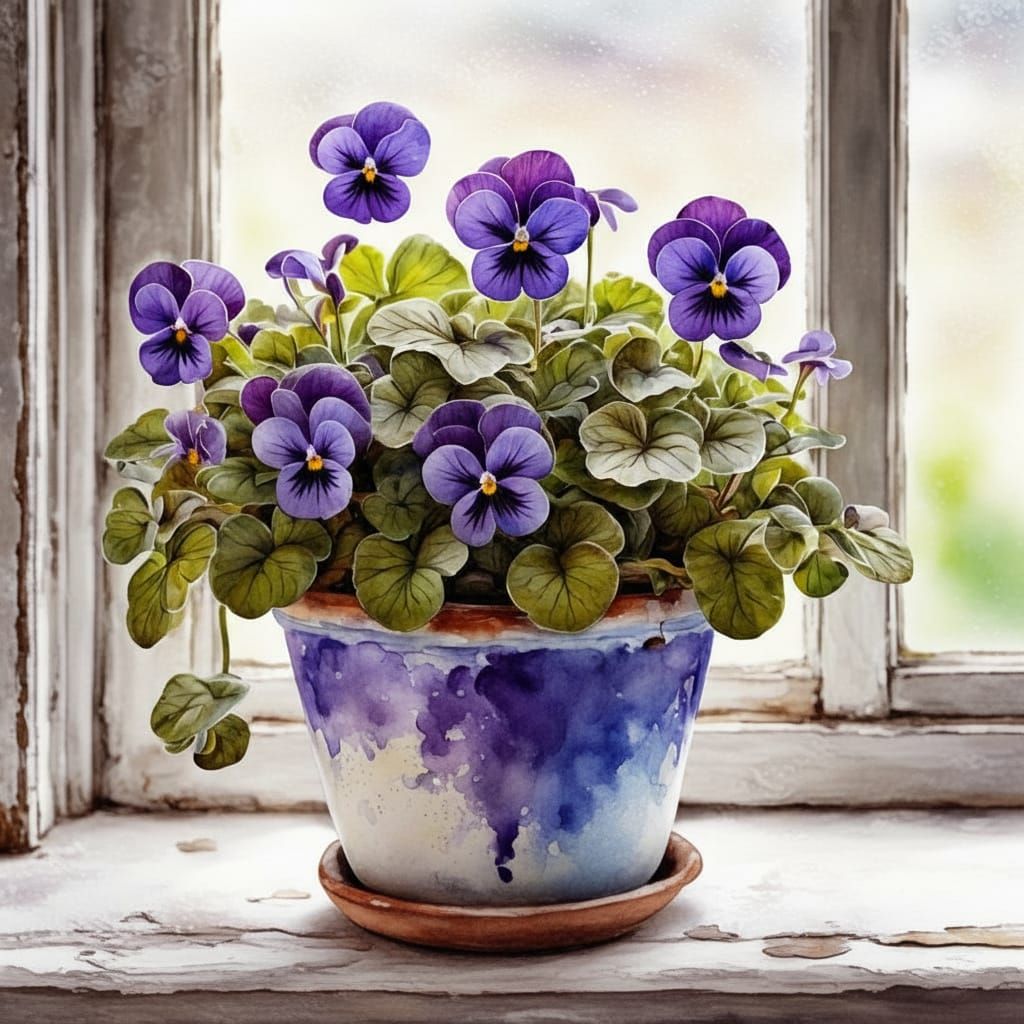 Watercolor Violets in an Old Flowerpot on a Windowsill