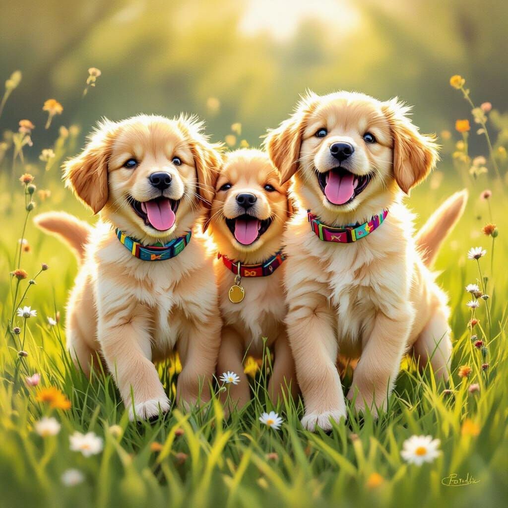Golden Retriever Puppies Playing in Meadow