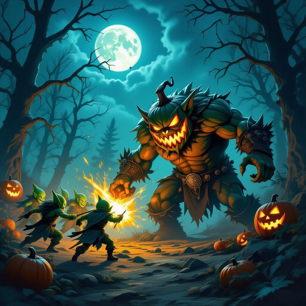 Goblins Battle Monstrous Pumpkinhead in Haunted Forest