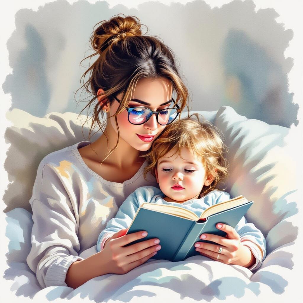 Watercolor Painting: Mother Reading to Child