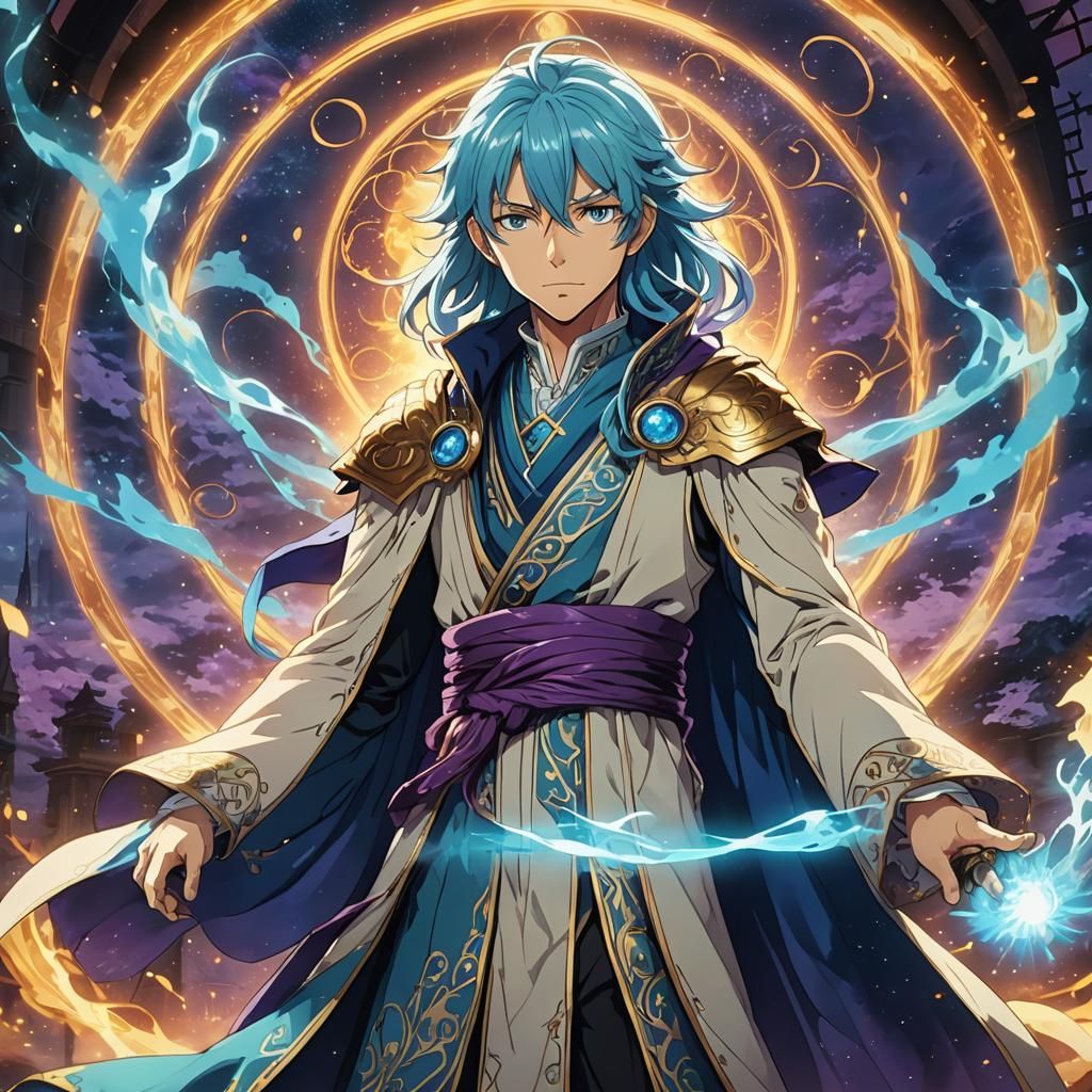 Grand Cyan-Haired Mage in Mystical Anime Realm