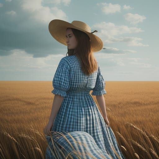 Gingham Print Beauty in Sun-Kissed Fields