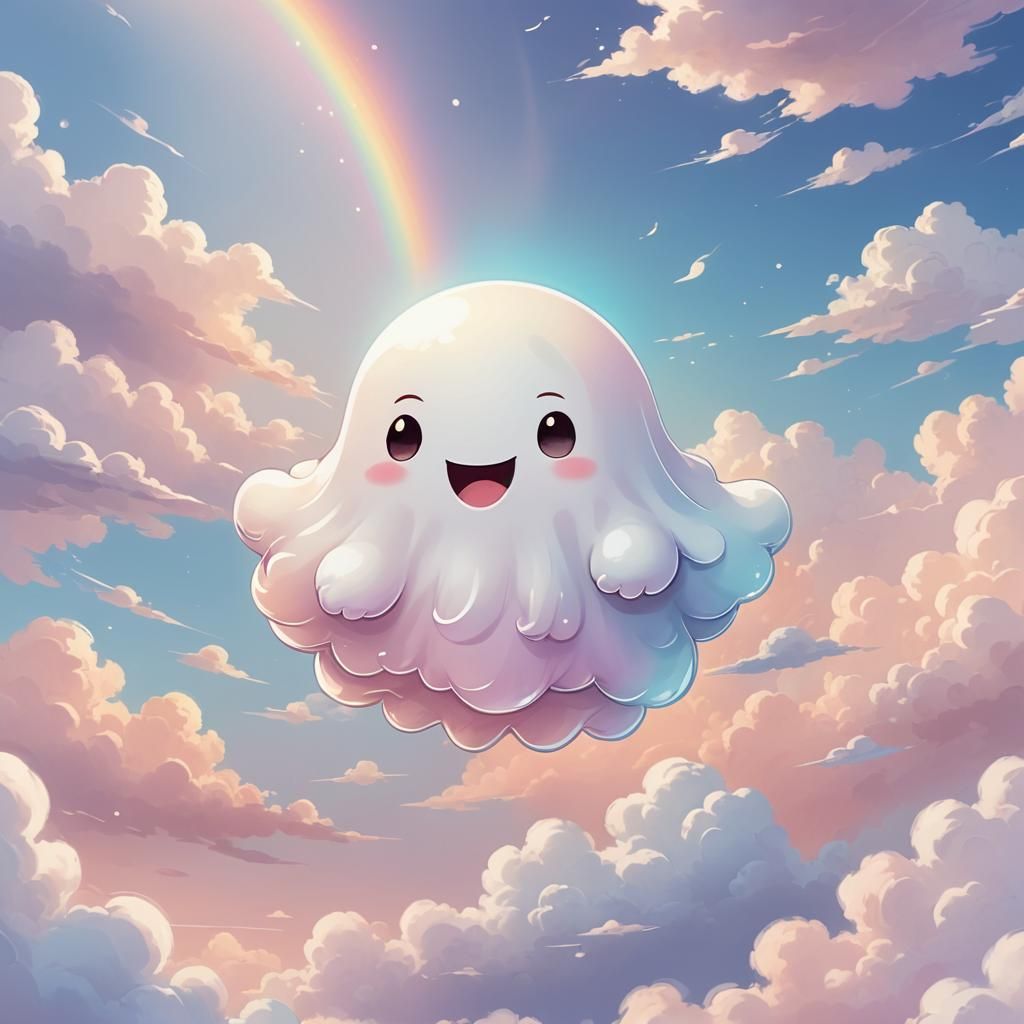 Smiling Chibi Ghost Floating in Pastel Sky