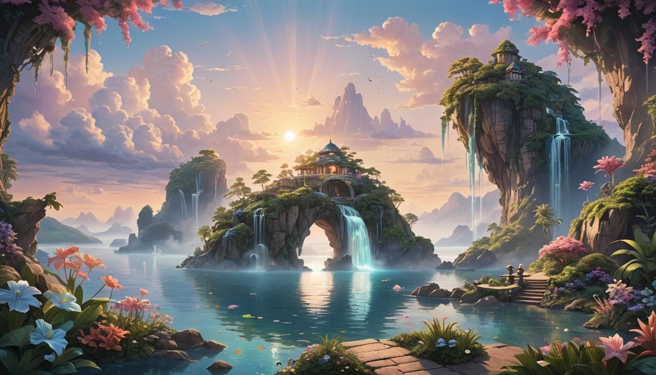 Floating Island with Waterfalls at Sunrise