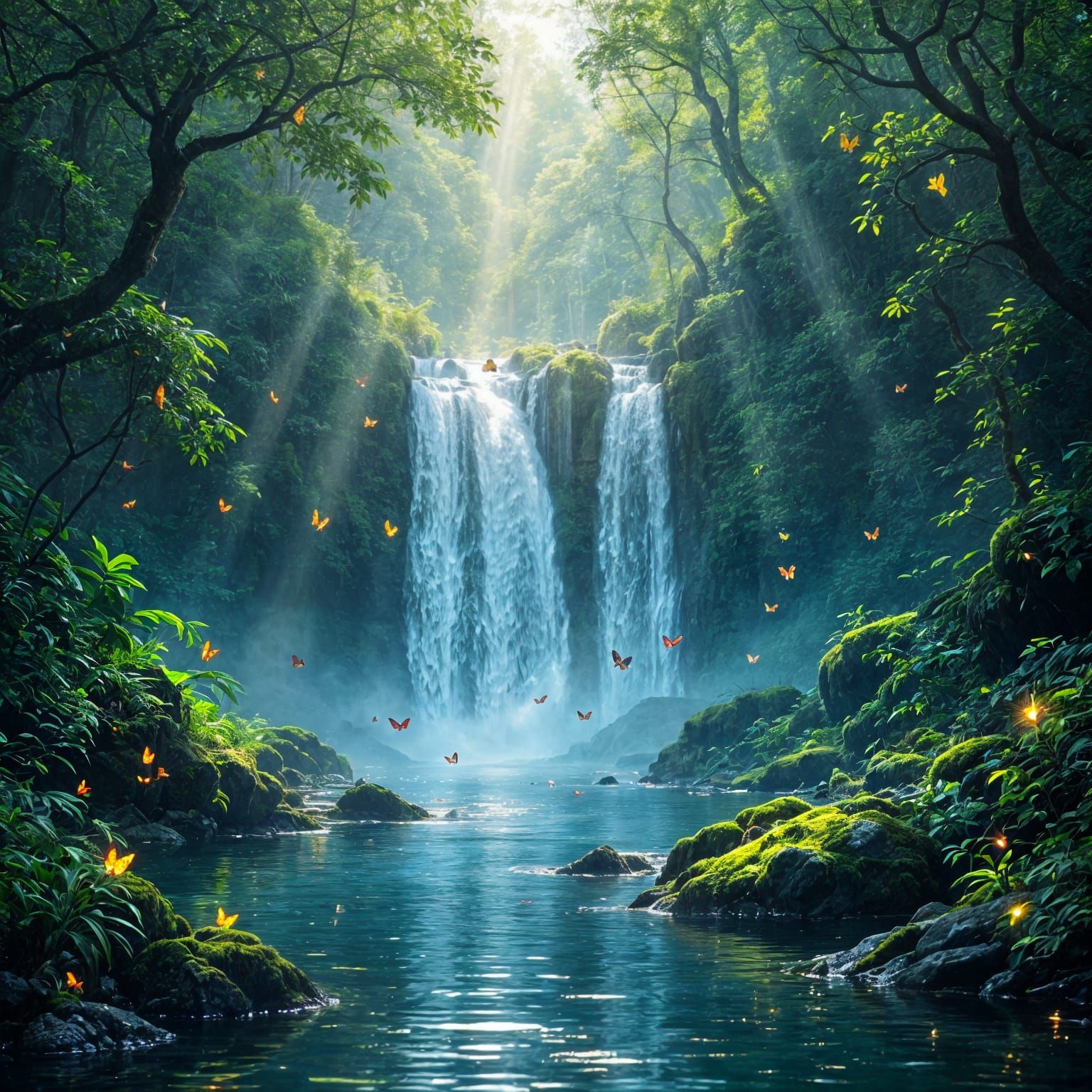Majestic Waterfall in Lush Forest with Glowing Spores