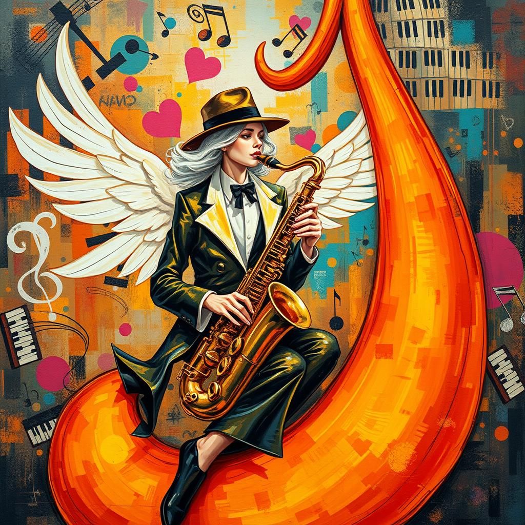 Winged Saxophonist in a Jazz Dreamscape