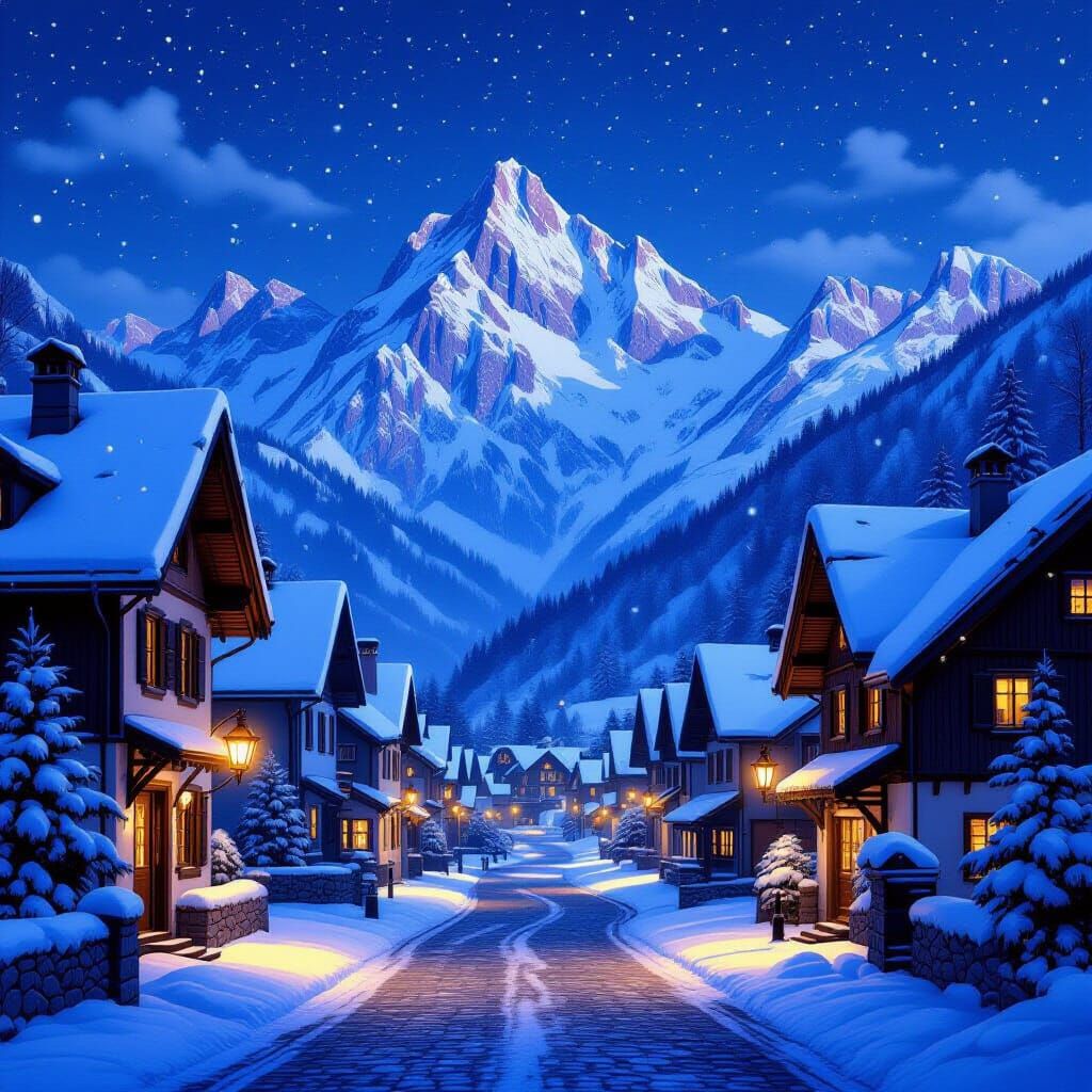 Snowy Alpine Village at Night in Romantic Realism Style
