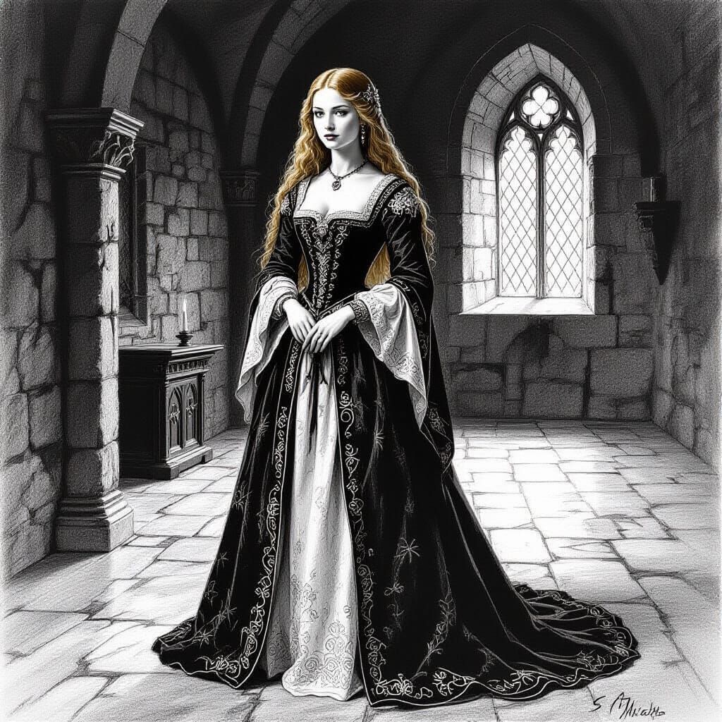 Medieval Woman in Castle Chamber, Charcoal Drawing