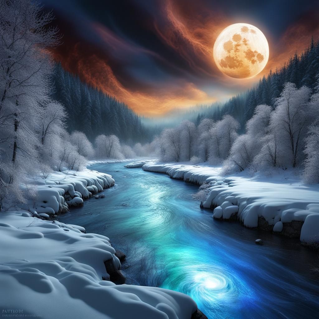 Glowing River Under Bioluminescent Moon in Ethereal Landscap...