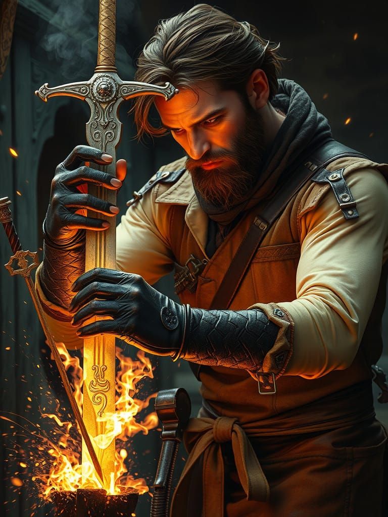 Fantasy Male Forger Unleashes Magical Sword Enchantment