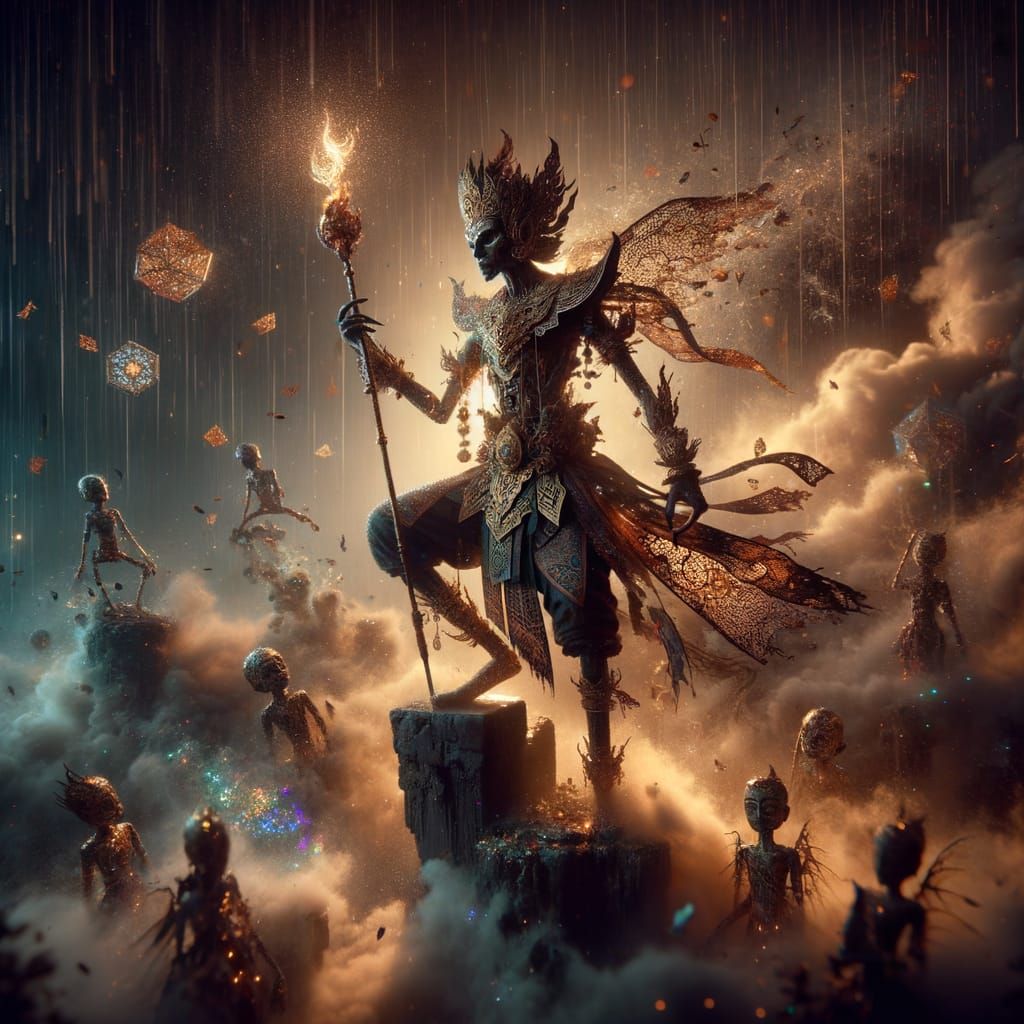 Wayang Spirit-Warrior on Obsidian Plinth at Dusk