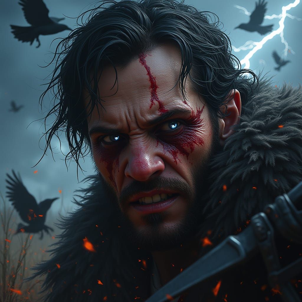 Wounded Face Portrait with Crows in Hyperrealistic Style