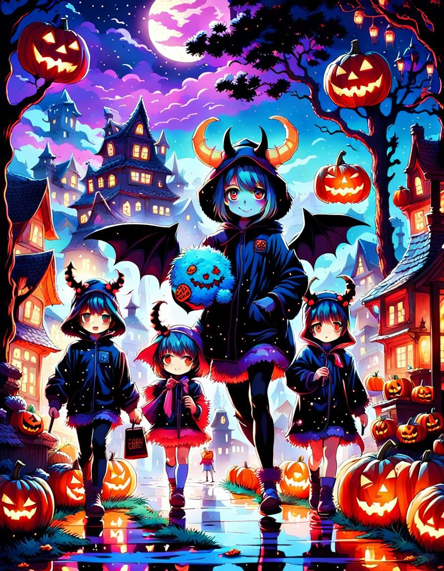 Creepy Cute Halloween Manga Artwork in Pointillism Style