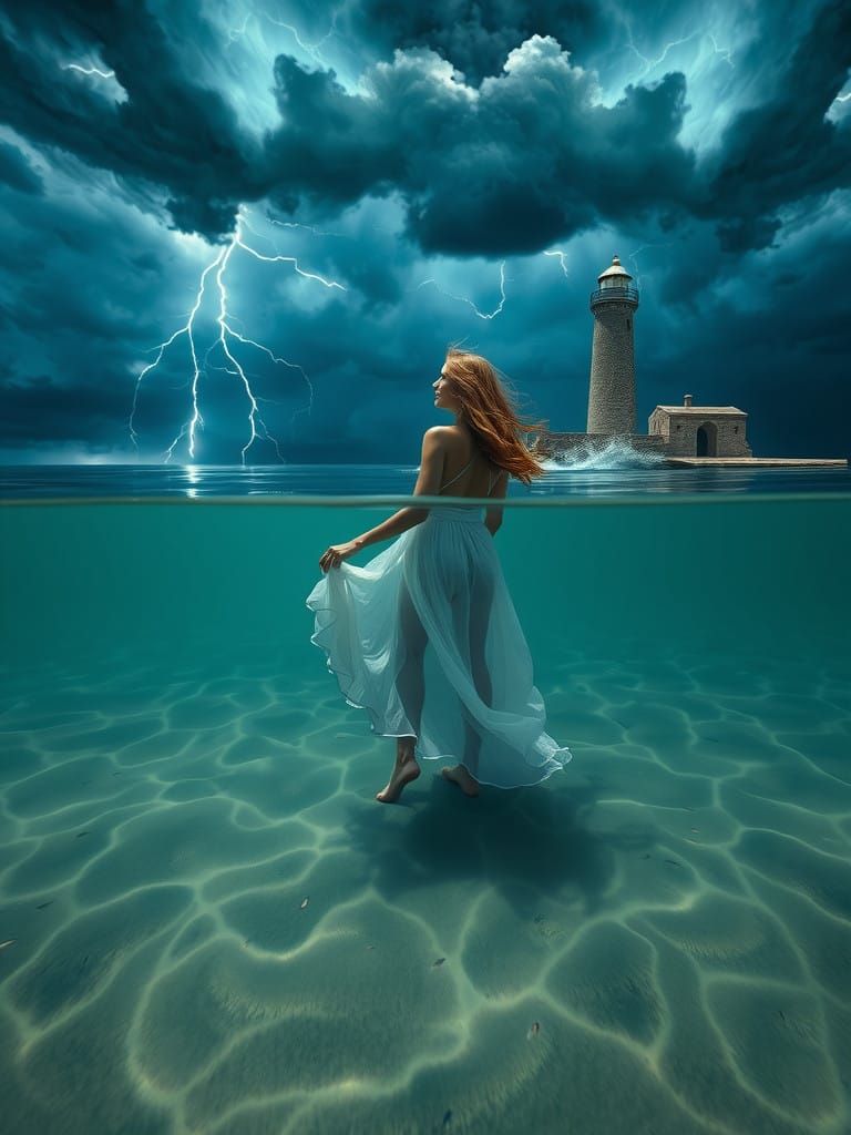 Ethereal Woman Surfaces in Turbulent Stormy Seascape