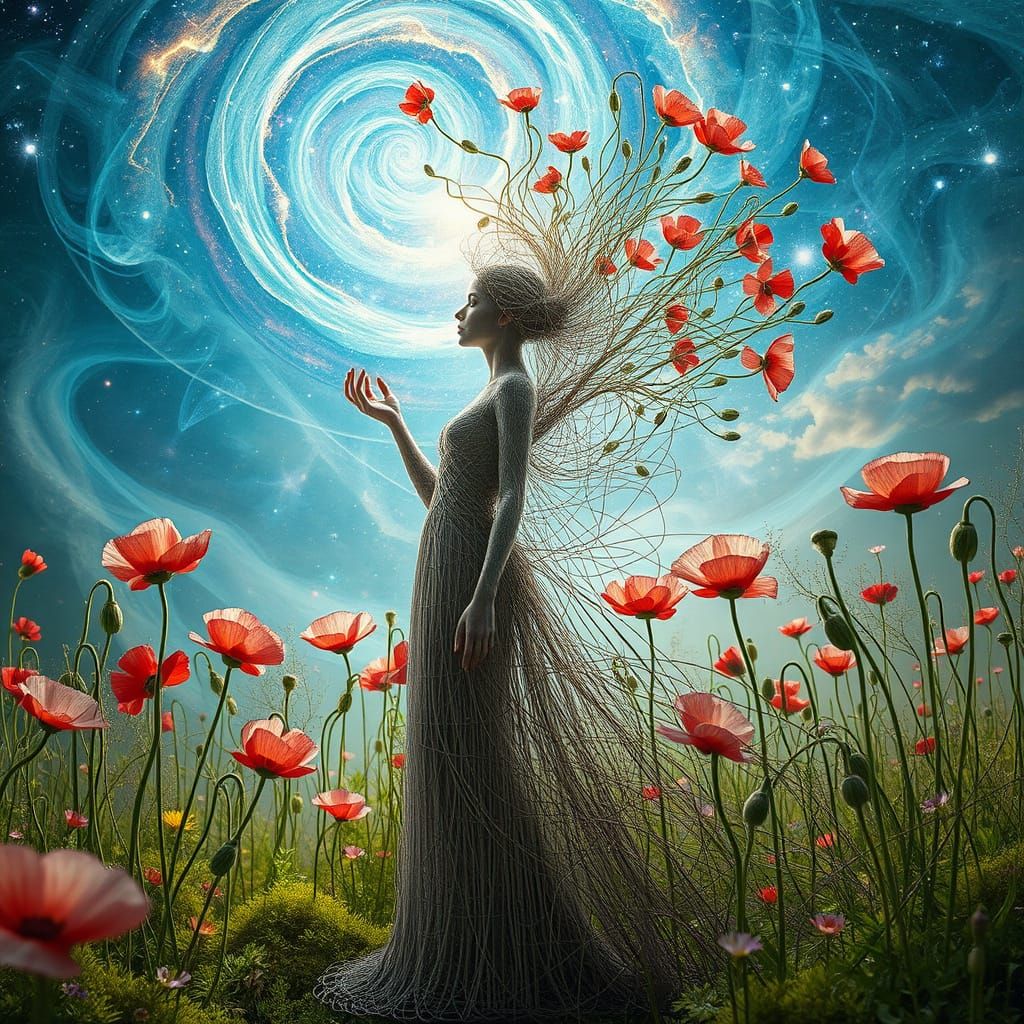 Ephemeral Woman Made of Strings in Forest Glade