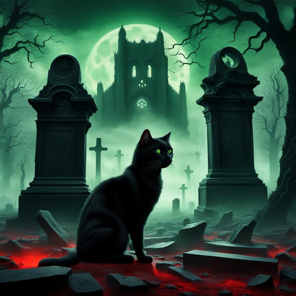 Black Cat Rises from Mystical Cemetery