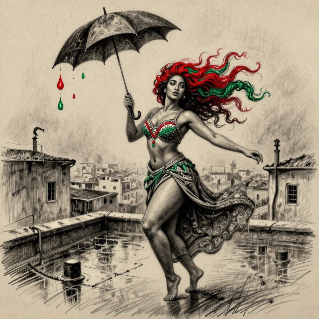 Palestinian Woman Dancing on Rooftop in Charcoal Style