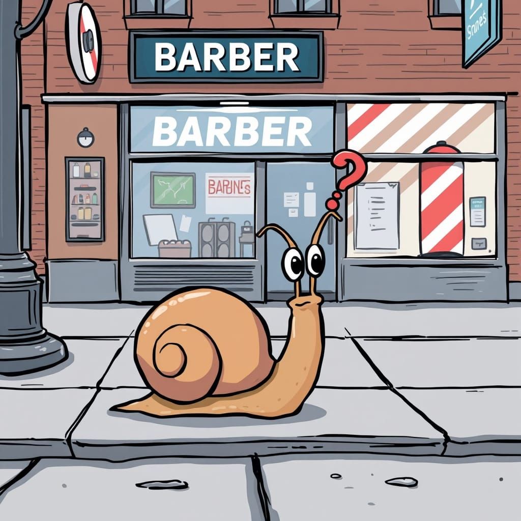 Confused Cartoon Snail Near Barbershop