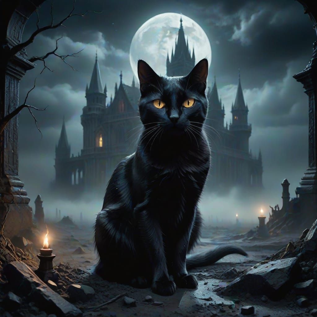 Gothic Surrealism Nighttime Scene with Black Cat and Ash