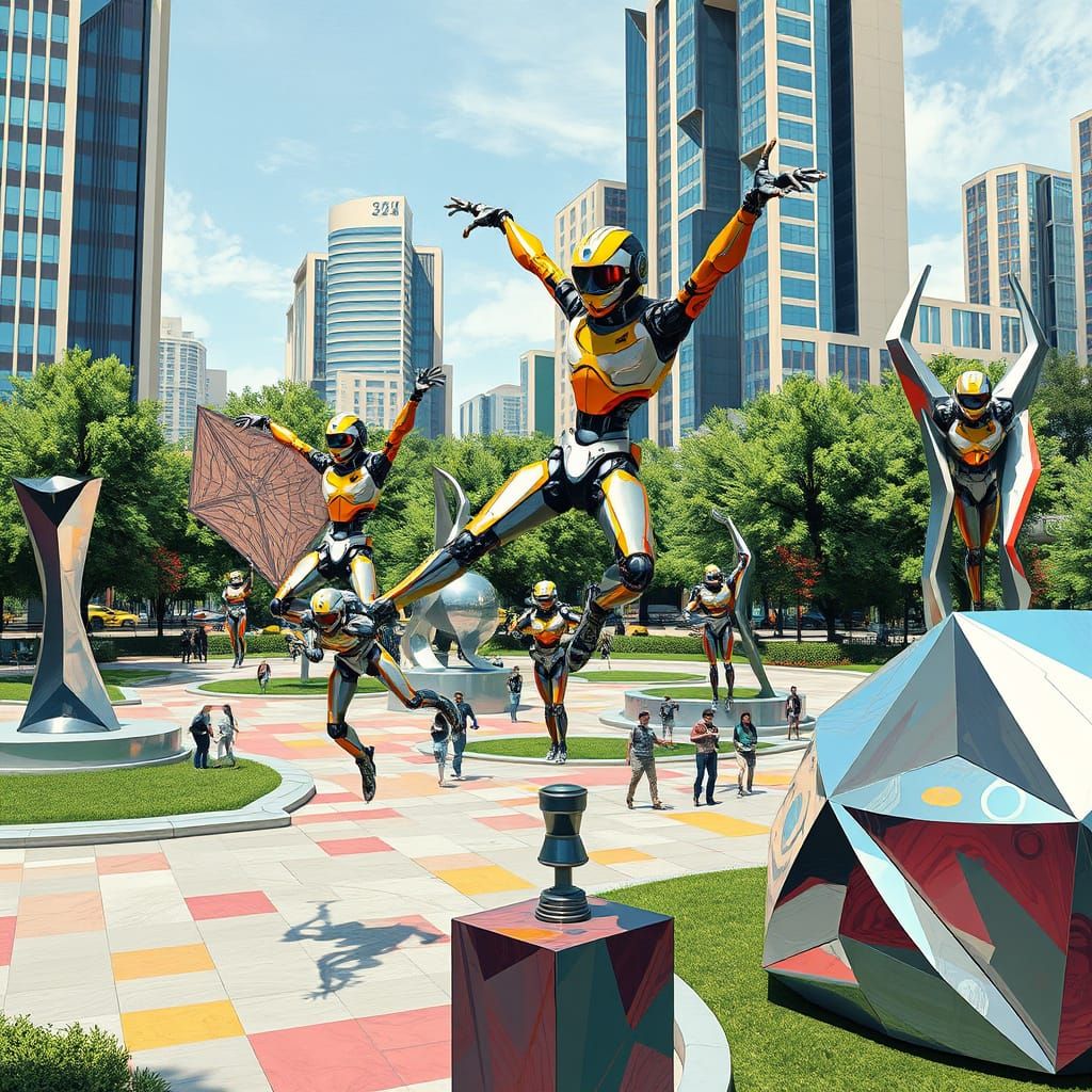 Cyberpunk Robotic Acrobats in Neo-Cubist Park