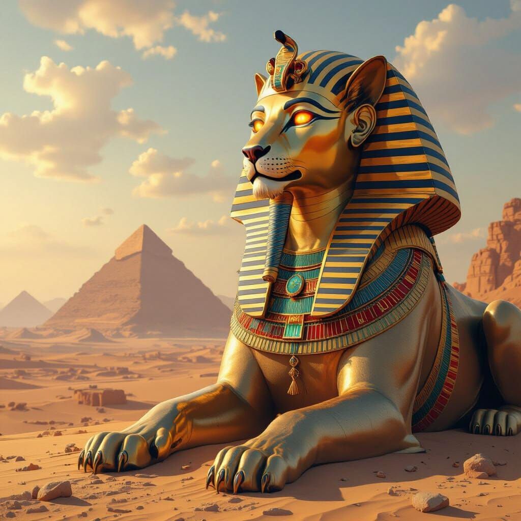 Pharaoh Sphinx Guarding Desert City, Hyperrealistic Art