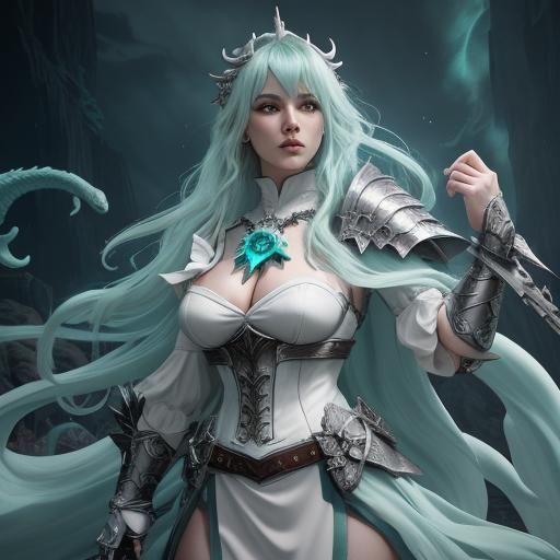 Sea Witch with Dragon Skull Pauldron, Dark Fantasy Art