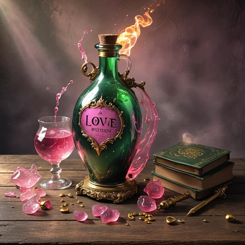 Magical Love Potion and Spellbook Still Life