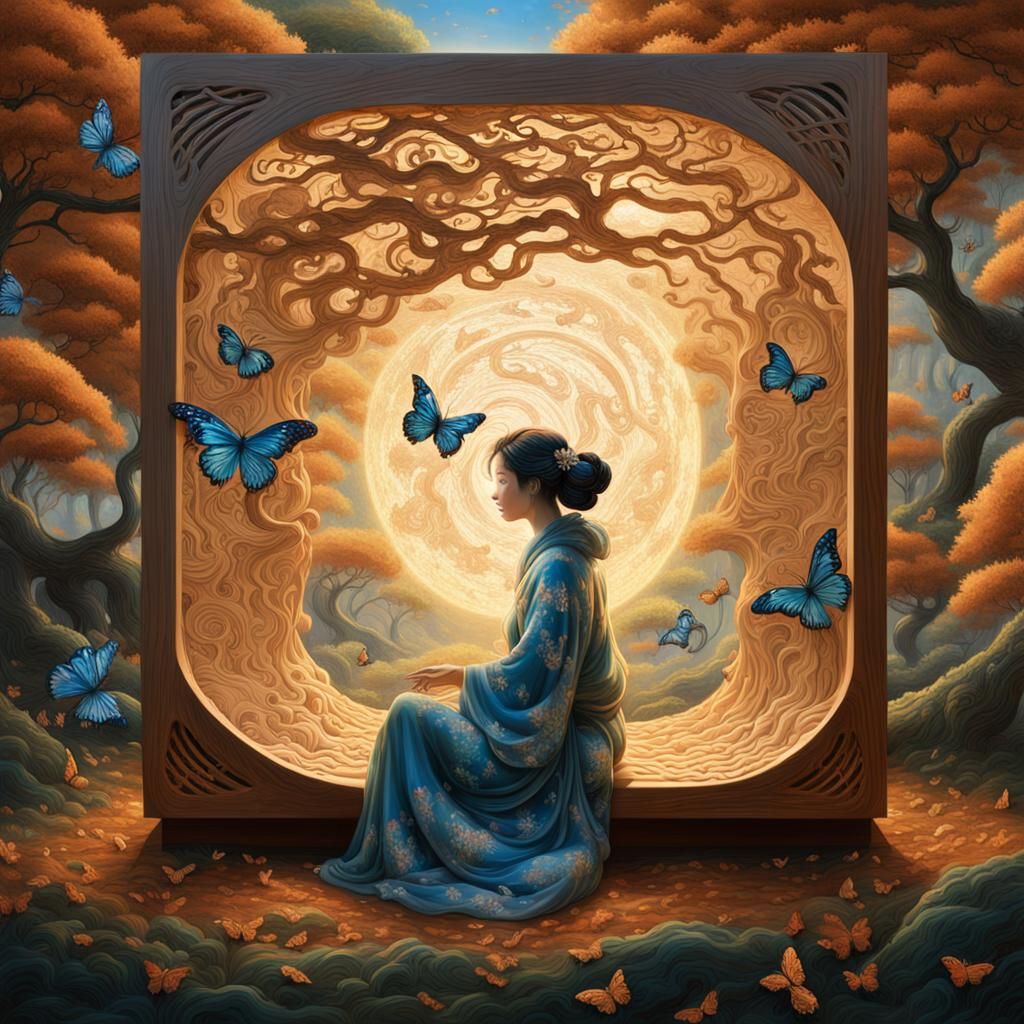 Whispering Woman in Shimmering Cube with Sculpture