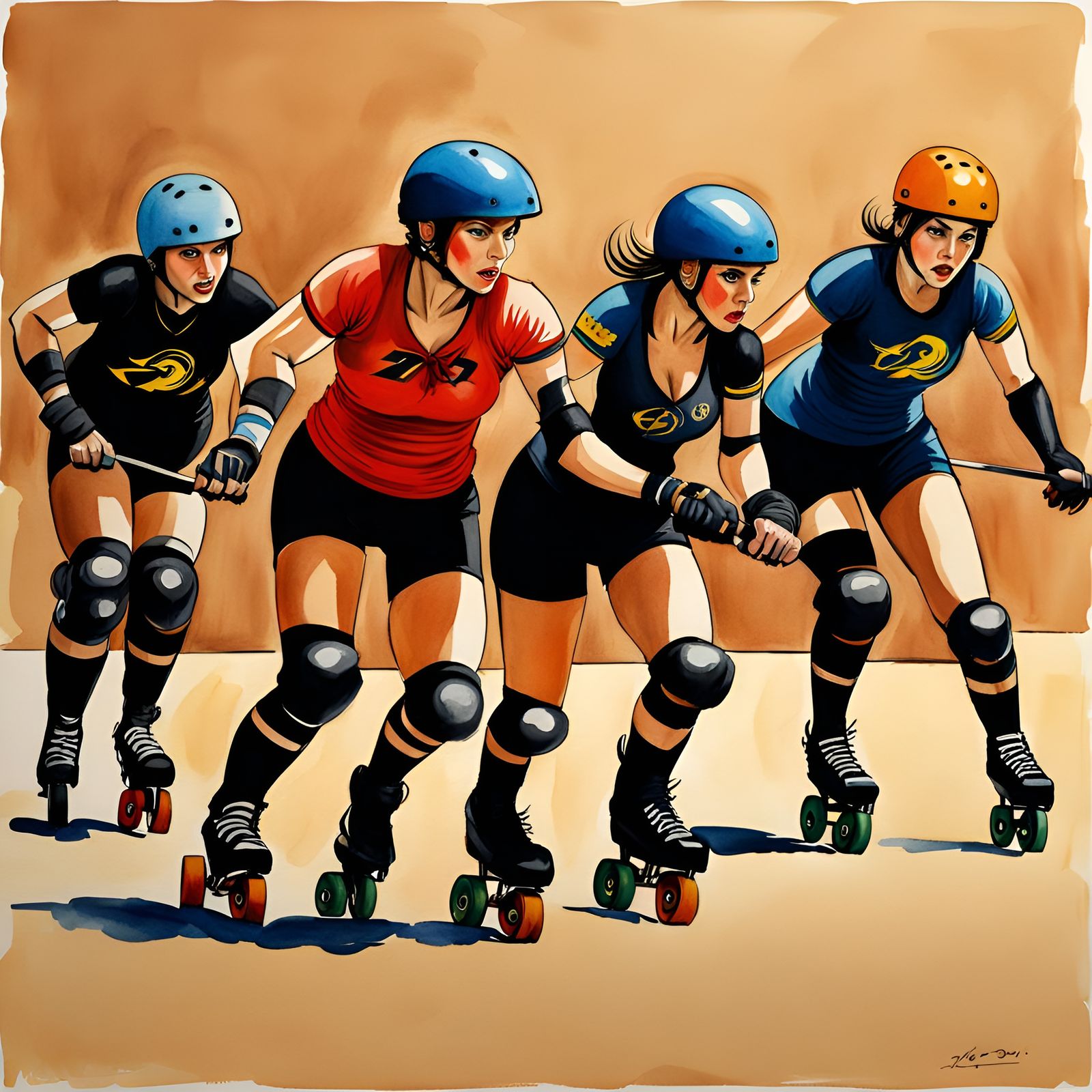 Roller Derby Team in Watercolor Style of Goya